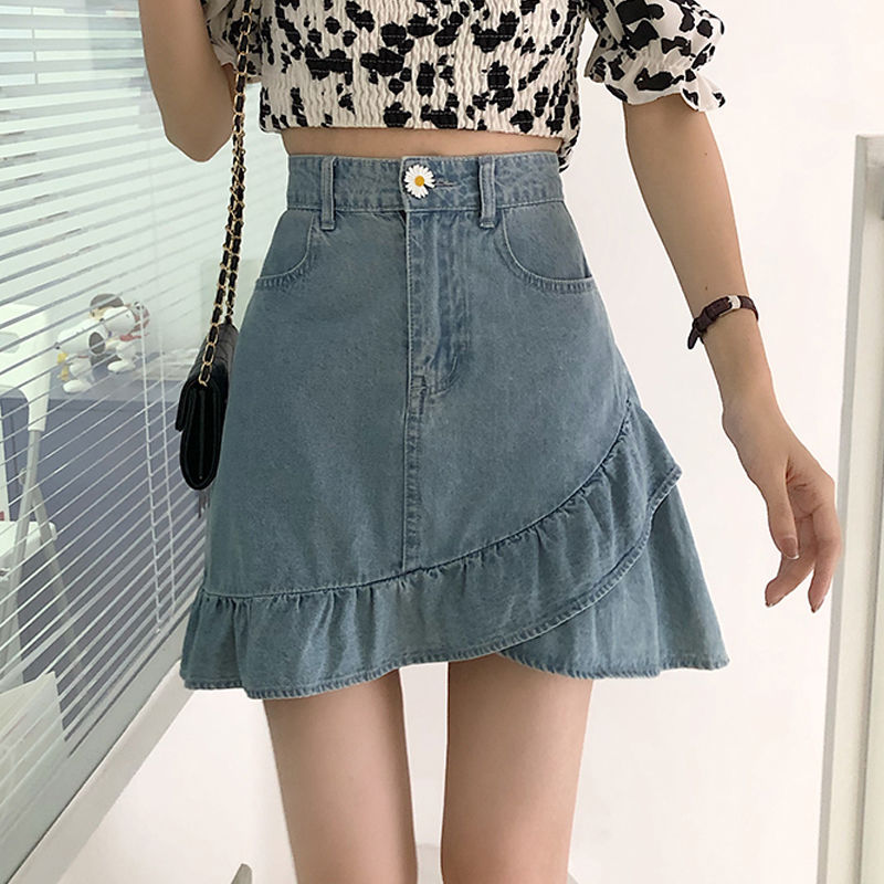 Korean fashion high waisted irregular denim skirt for women summer 2020