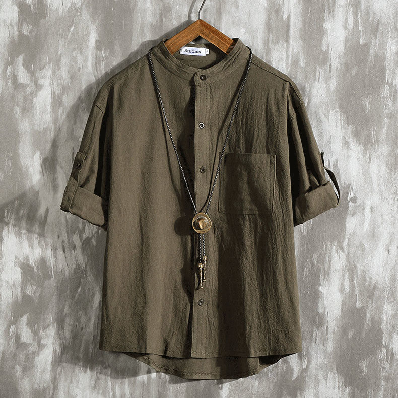 Summer Linen Shirt Men's short sleeve Korean version trend large medium sleeve fat man casual loose solid color shirt coat man