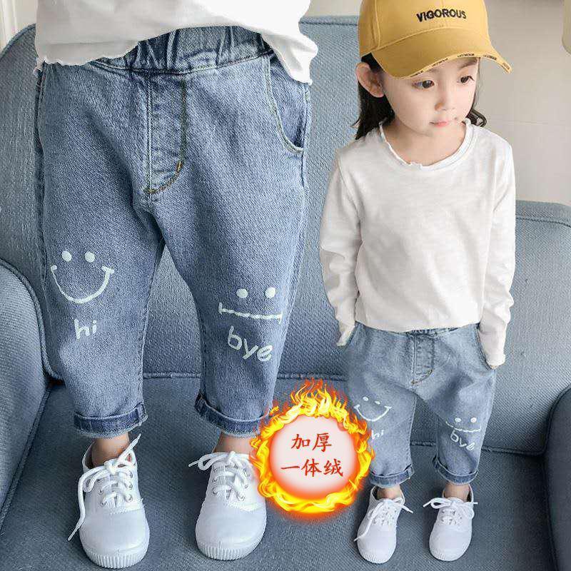 Children's jeans men's and women's autumn and winter baby's plush and thickened casual pants