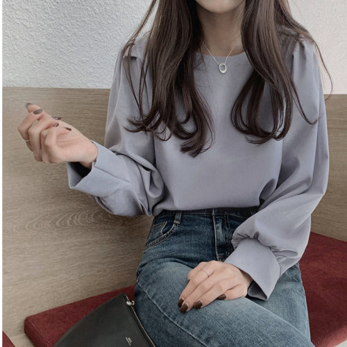 Korean simple round neck solid color versatile Long Sleeve Shirt