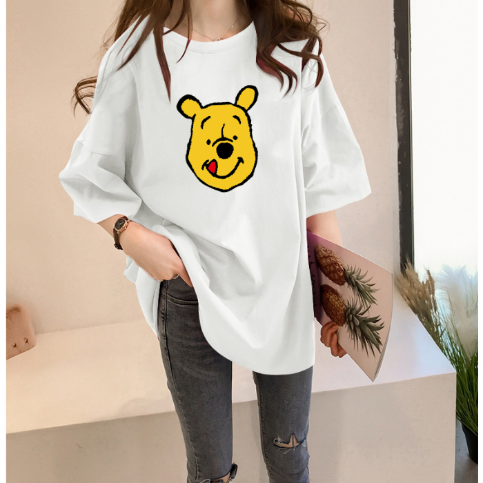 180g double ground milk silk summer new short sleeve student lazy printing medium long T-shirt for women