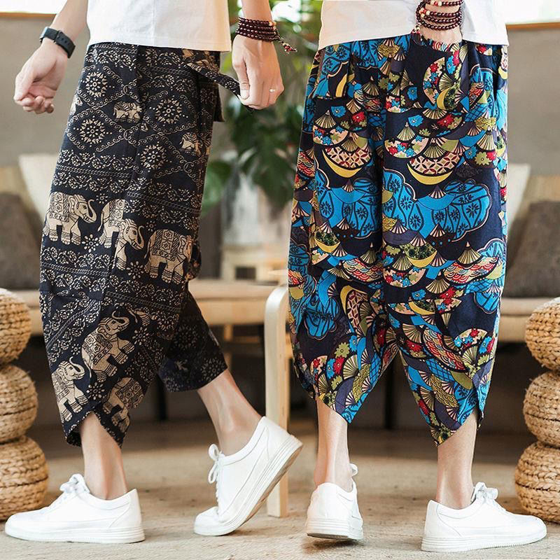 Summer Chinese style cotton shorts men's hip hop casual pants lantern pants loose 7 / 4 wide leg student hip hop large