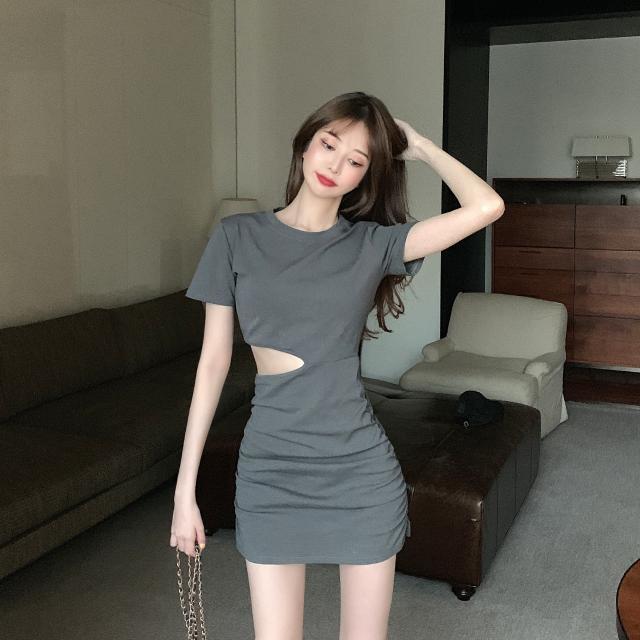 Sexy open waist slim short sleeve dress women's summer dress new solid color high waist pleated Hip Wrap short skirt for women