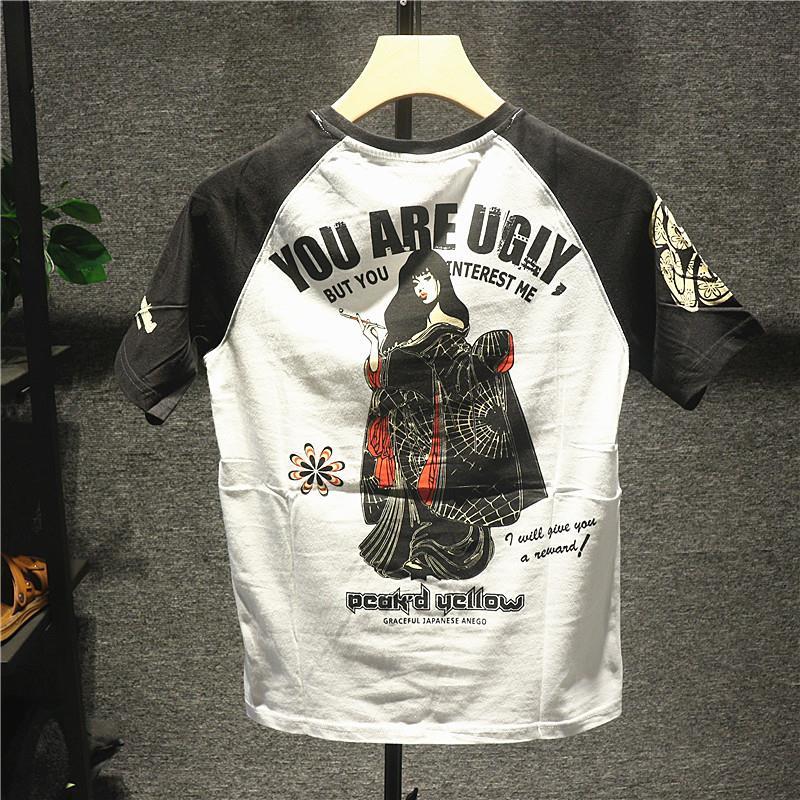 Summer cotton Japanese Short Sleeve men's T-shirt work clothes fashion brand Korean fashion printing slim round neck BF half sleeve