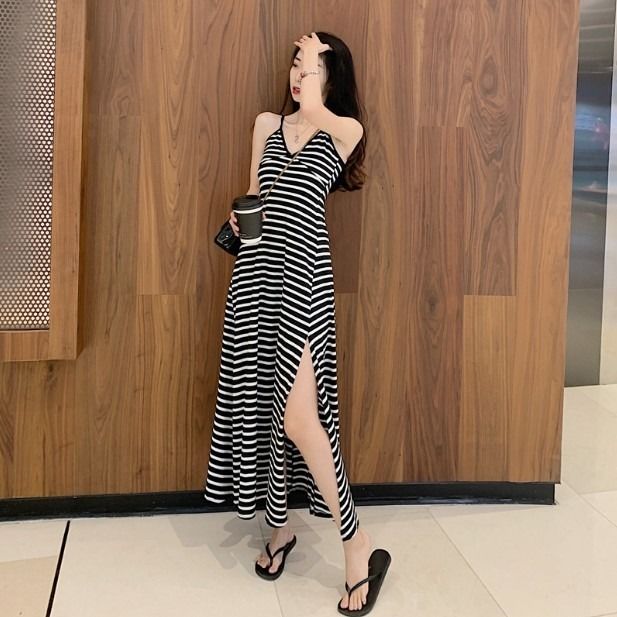 Summer clothes New Retro French sexy Hong Kong Style V-neck suspender medium long split dress beach skirt women