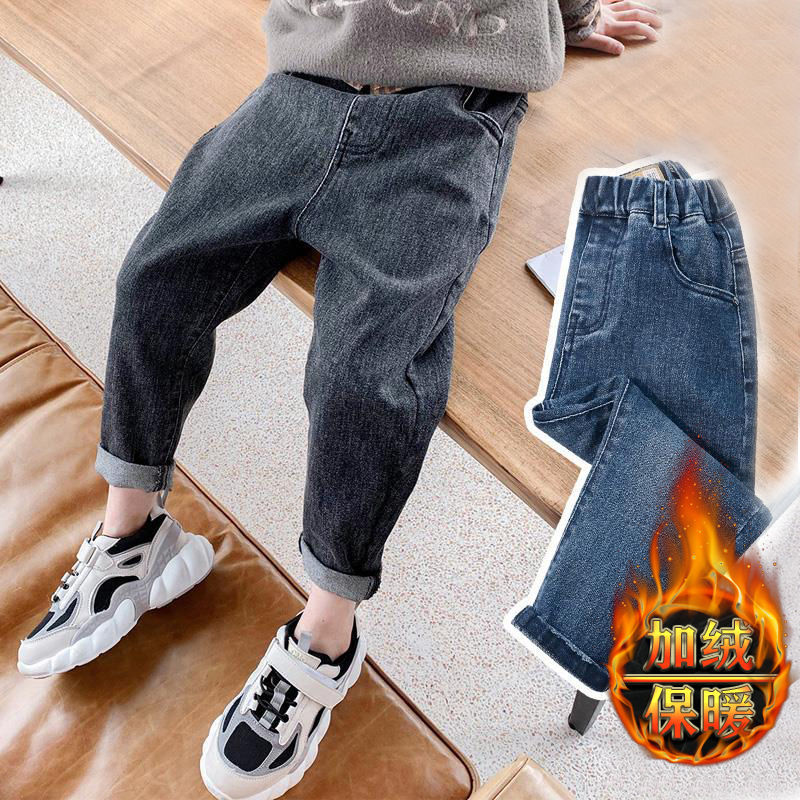 Boys' Plush jeans autumn and winter new foreign style elastic children's wear boys' thickened warm cotton pants