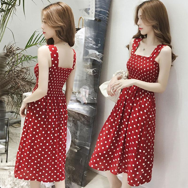 French Mini fresh 2020 wide shoulder strap beach suspender skirt women's summer long skirt French little pop dress