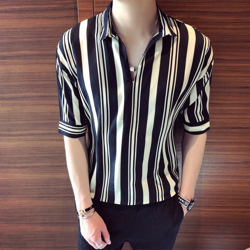 Summer striped shirt men's Korean Short Sleeve loose student trend Quarter Sleeve Shirt casual medium sleeve thin shirt