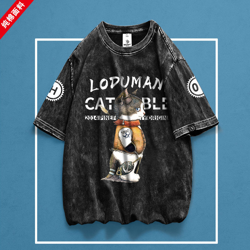 Fashion t-shirt men's and women's same couple's wear summer short sleeve T-shirt pure cotton round neck washed and worn-out printing fashion T-shirt