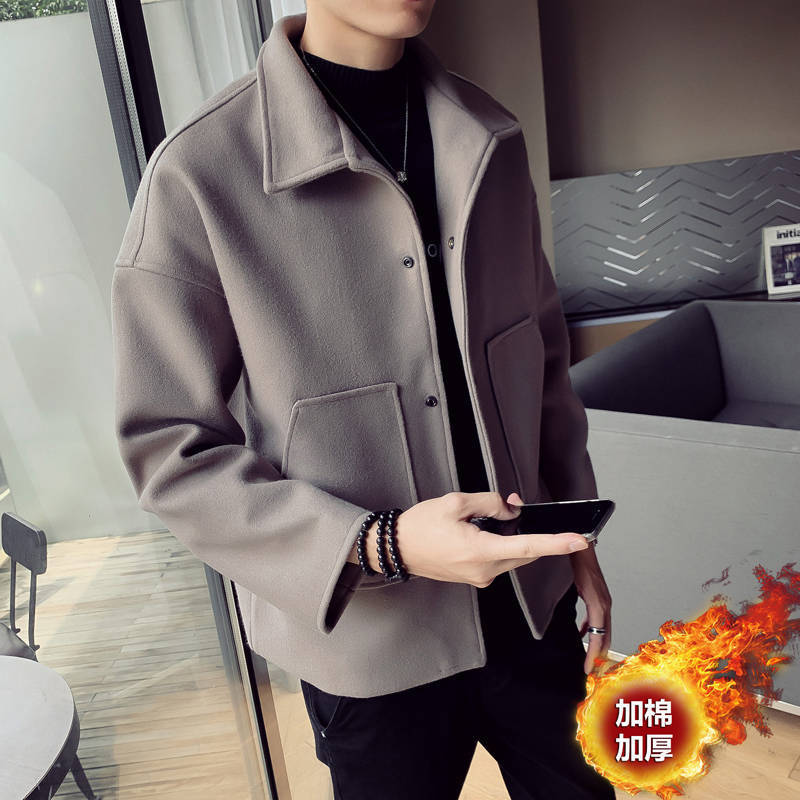 Woollen coat men's trend handsome jacket men's coat student short autumn and winter large social plus cotton windbreaker men's coat