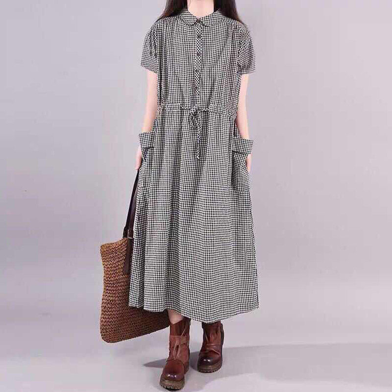 Cotton linen dress women's summer new large Plaid lace up shirt skirt loose and thin short sleeve linen mid long skirt