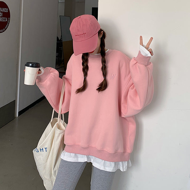 Autumn winter Korean 2020 new plush thickened fake two pieces of original night style loose medium length hoodless long sleeve sweater for women