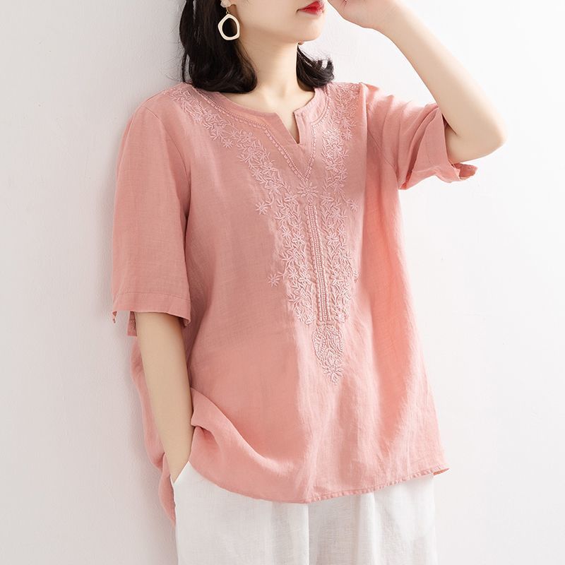 Cotton V-neck new summer cotton and linen shirt women's literature and art loose Pullover embroidery short sleeve T-shirt women's embroidered top fashion