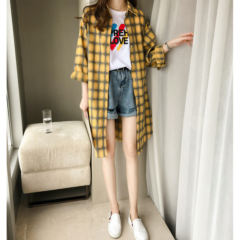 Han Fan fat mm large women's dress early autumn loose and versatile Plaid Shirt foreign style coat medium length top