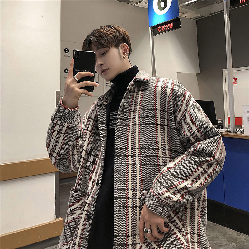 Tartan coat men's coat new trend versatile autumn and winter short fat men's wear large and loose
