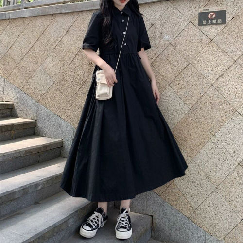 Summer Japanese Polo neck drawstring waist short sleeve dress Korean version slim high waist black long skirt