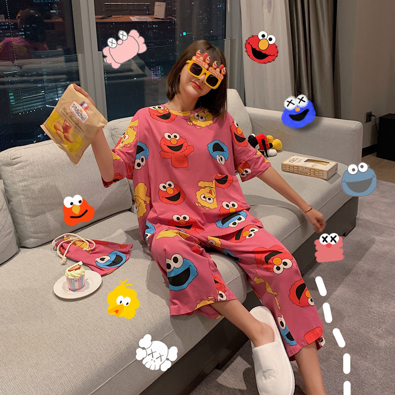 Cartoon Korean Short Sleeve pajamas suit women's summer large loose fat mm home wear short sleeve Capris ins style