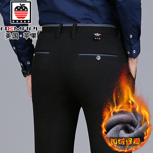 Apple autumn and winter Plush men's casual pants elastic business Korean fashion slim trousers men's pants