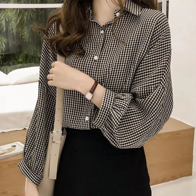 Early autumn 2020 new women's clothing Hong Kong Style loose BF Lantern Sleeve Plaid Shirt women's long sleeve shirt shirt coat fashion