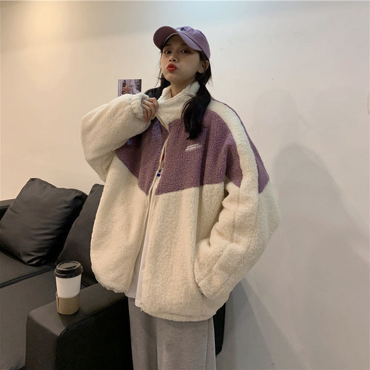 Autumn and winter new Korean loose sweater women's jacket stand collar thickening imitation cashmere contrast cardigan lazy ins fashion