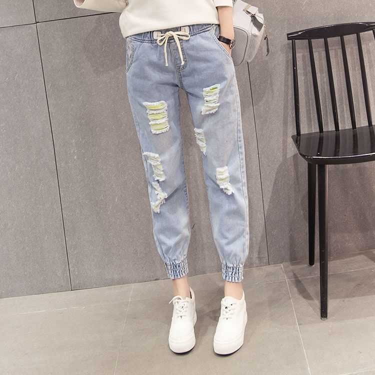 Hole break casual jeans women's autumn new loose waist loose Leggings nine point Harlan pants