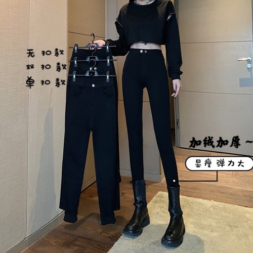 Real price cartoon leg girl's new slim and high versatile slim black Plush legged pencil pants