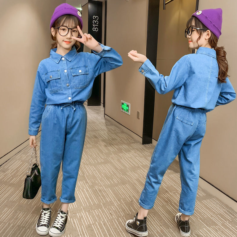 Girls' denim suit autumn 2020 children's dress foreign style children's Korean version pure color net red shirt two piece set for little girl