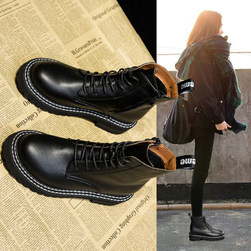 Autumn and winter leather Martin boots women's British style new style handsome short boots with increased single boots and cashmere fashion