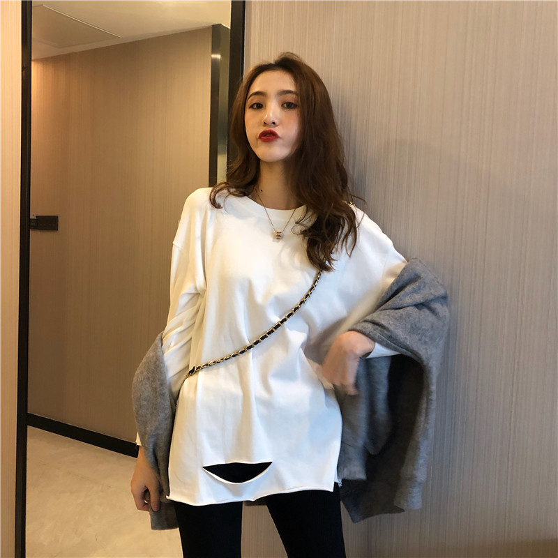 Real shot real price Hong Kong Style frosted white medium length T-shirt women's long sleeve loose hole personalized autumn and winter bottoming shirt
