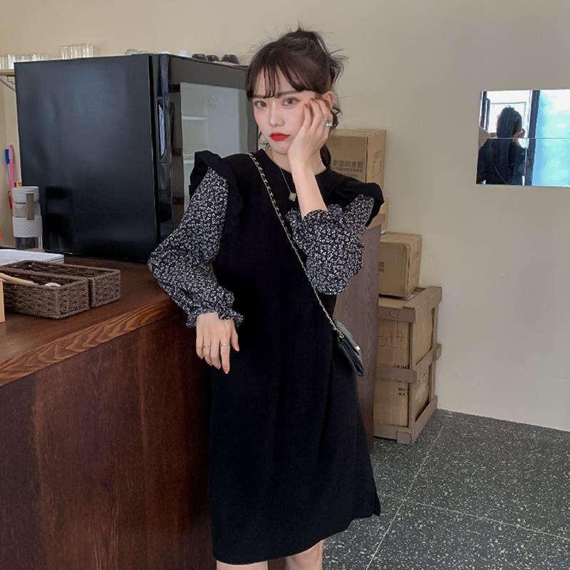 New style stitching fake two pieces floral bubble sleeve long sleeve dress for women