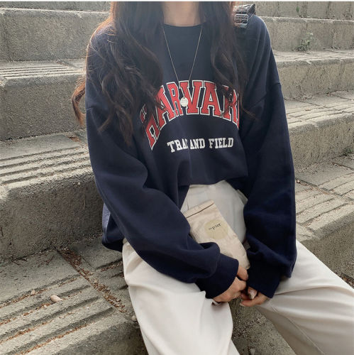 Korean academic letter printed loose crew neck pullover with plush sweater