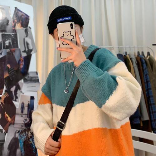 Japanese autumn and winter color matching loose Crew Neck Sweater men and women Korean fashion lovers lazy Hong Kong Style knitting sweater trend