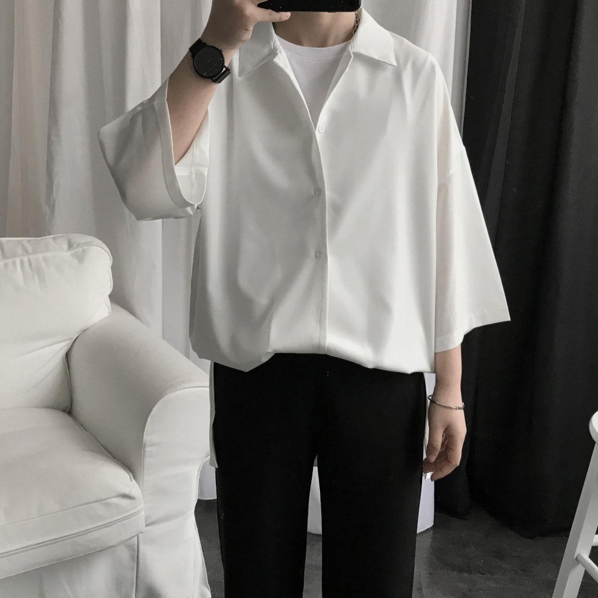 Net red high-grade short sleeve shirt men's Korean fashion loose and versatile, solid color, handsome and fairy shirt, 5-sleeve