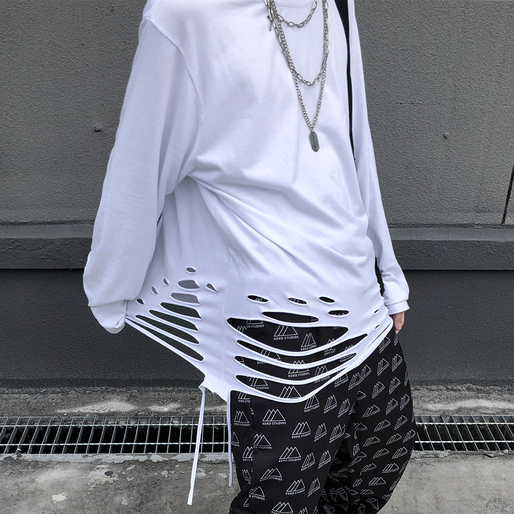 Long sleeved T-shirt inside the hole, solid color basic couple bottomed shirt, men's and women's fashion brand hip-hop loose round neck top