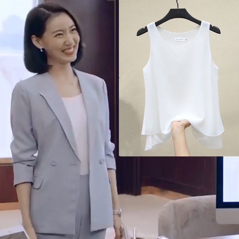 Star's same summer dress new suspender vest Chiffon women's suit with underlay shirt large size sleeveless top for outer wear