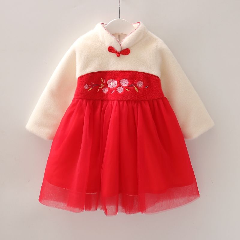Girls' winter golden velvet Tang dress children's winter Embroidered Floral Qipao girl baby plush Chinese style dress