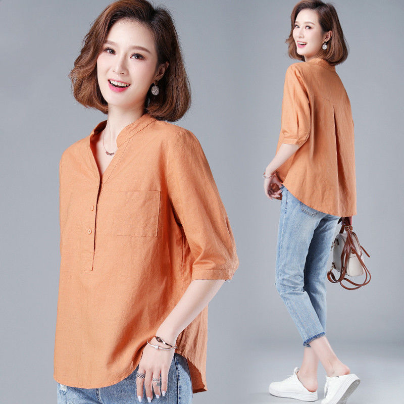 Cotton and linen shirt women's short sleeve 2020 summer new women's seven point sleeve top mother's foreign style women's Ramie shirt