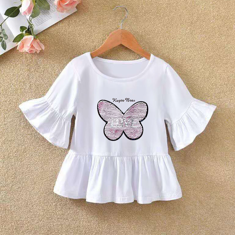 Cotton girls' short sleeve T-shirt lotus leaf half sleeve T-shirt middle and large children's clothes 3-10 years old summer Princess Girl's top