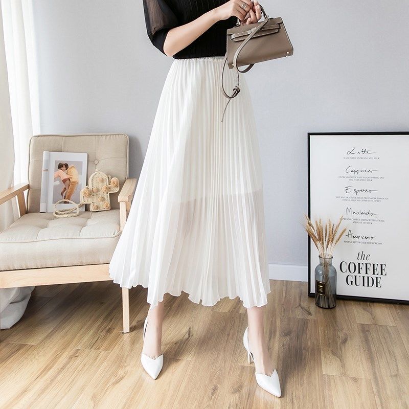 Chiffon pleated skirt summer high waist pleated skirt A-line skirt women's Korean chiffon skirt white long skirt