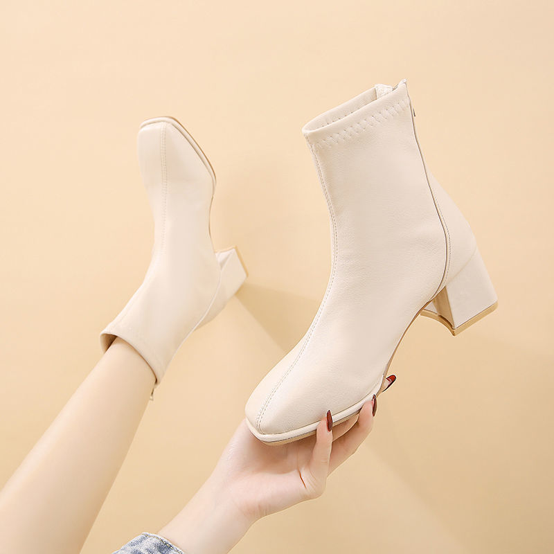 [Weiya recommends] real soft leather Martin boots women's British style square head thick heel net red thin high heel shoes short boots