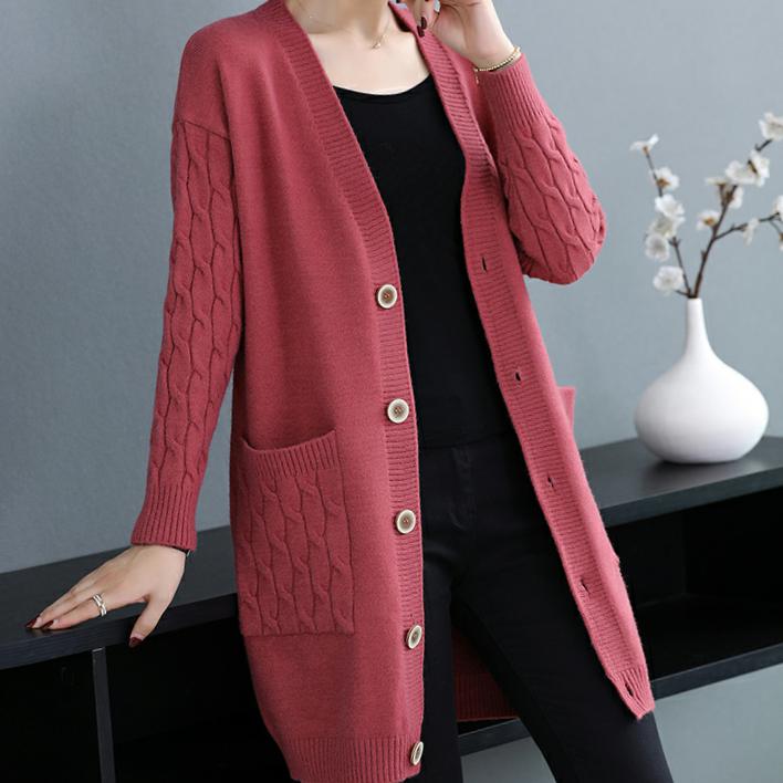 Cardigan sweater women's middle long loose Korean version 2020 new large size spring and autumn pocket wear knitted jacket