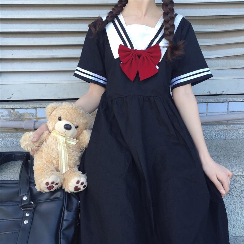 College style Japanese department sweet short sleeve Navy collar dress female student Korean loose versatile mid long skirt A-line skirt