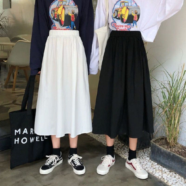 Japanese work dress female summer Hong Kong style white umbrella skirt elastic waist college style student skirt medium length fashion