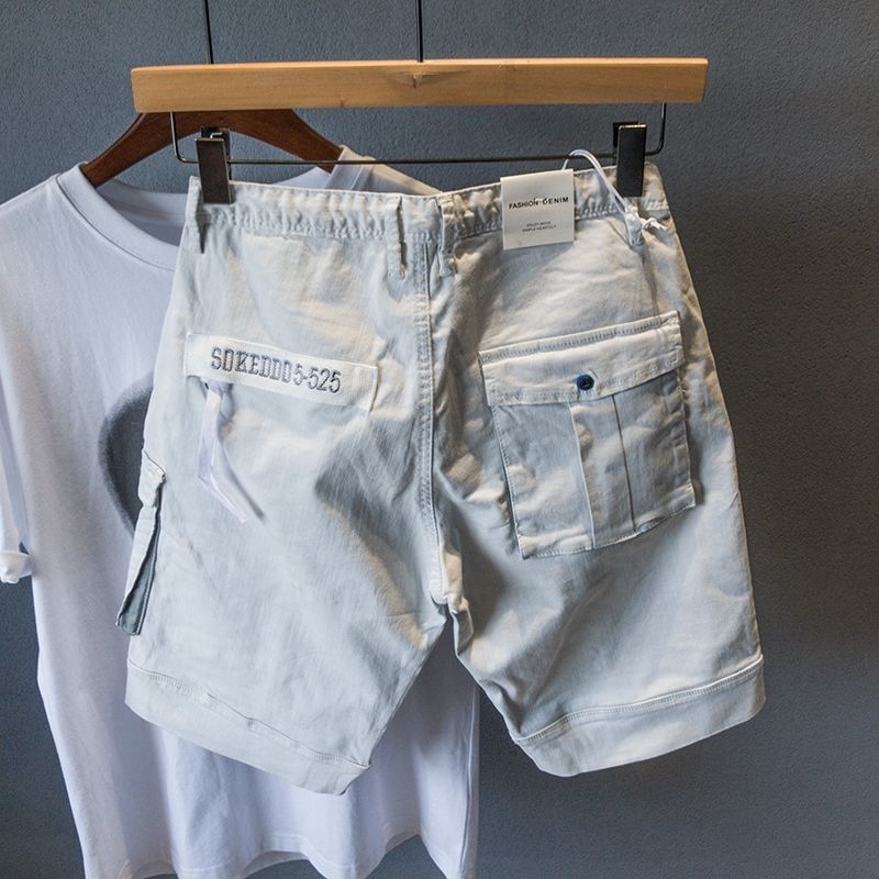 Summer casual denim shorts men's Korean fashion loose straight tooling pants