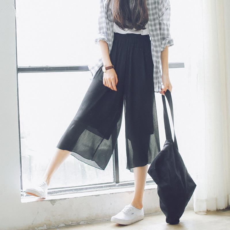 Loose ins super fire Chiffon small summer 2020 wide leg pants women's eight thin Capris high waist pants