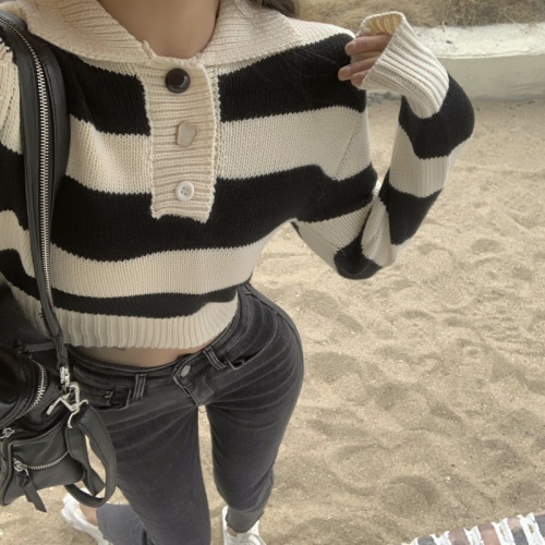 Real price long sleeve striped polo collar T-shirt women's Korean loose style casual jacket