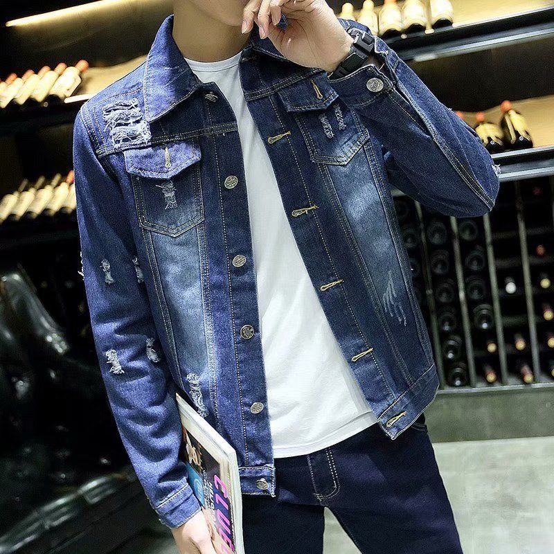 Fashion brand youth denim jacket men's Korean version slim casual fashion top fashion hole fashion versatile