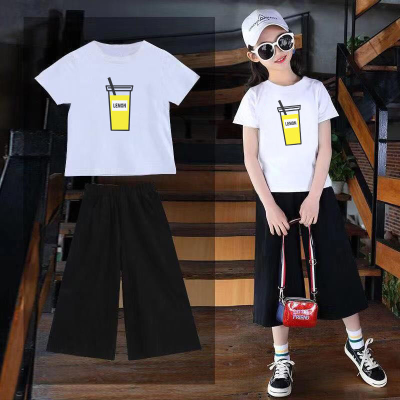2020 new children's summer dress women's summer wear Korean version of big children's suit short sleeve girls' T-shirt wide leg Capris two piece set