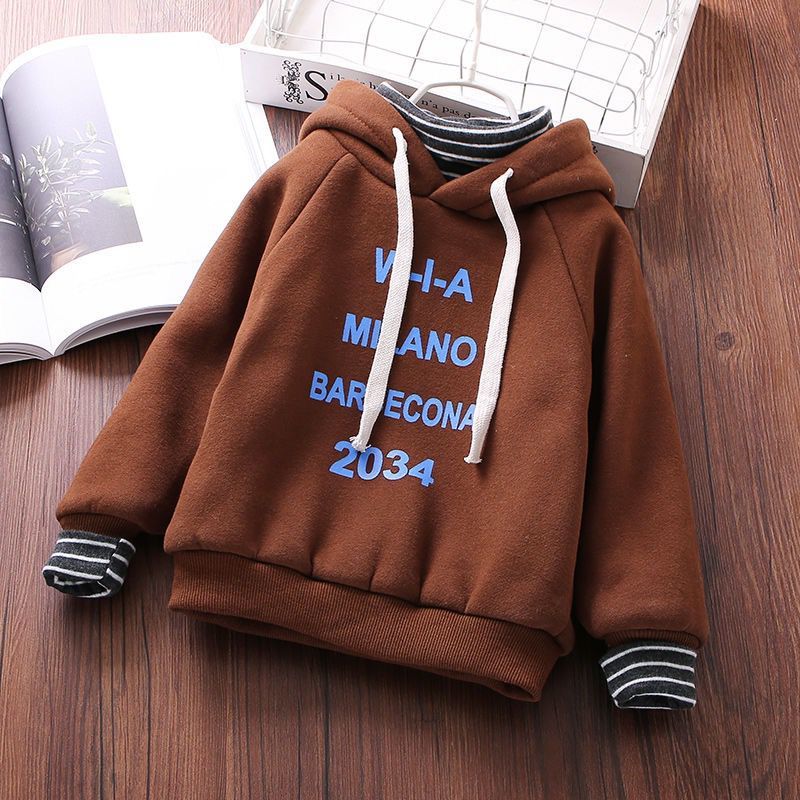 Children's new winter 2020 Korean version trend versatile warm Hooded Sweater boys and girls Plush fake two clothes