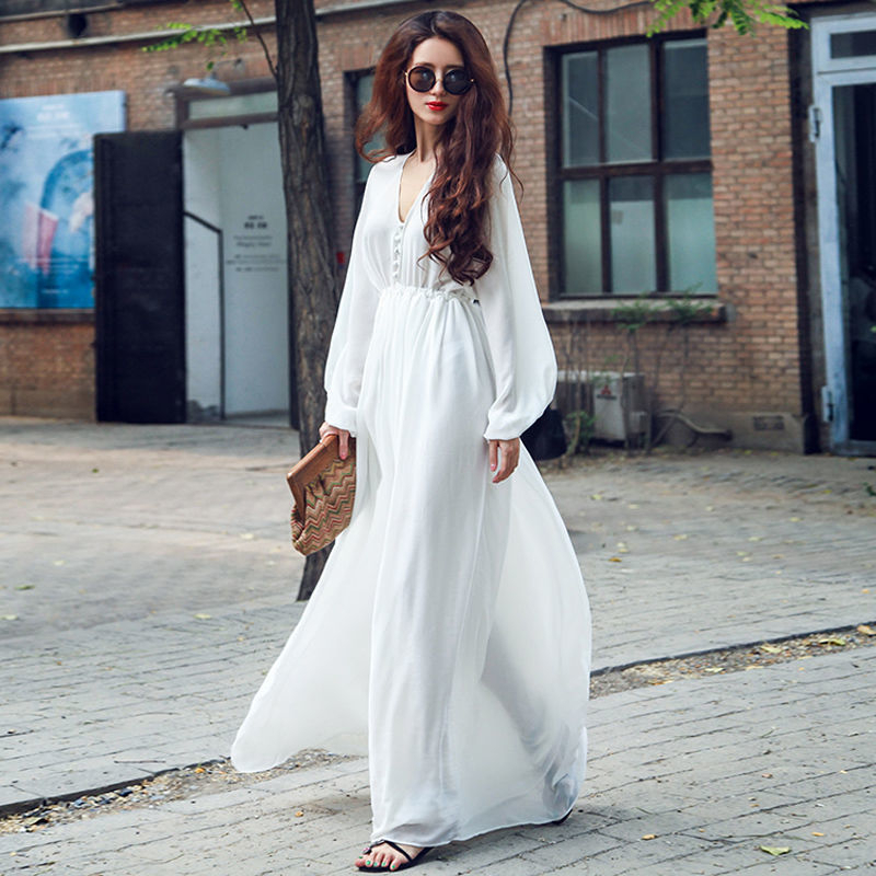 Bali Resort Beach Dress summer fairy mop dress V-neck high waist Lantern Sleeve White Chiffon Dress autumn